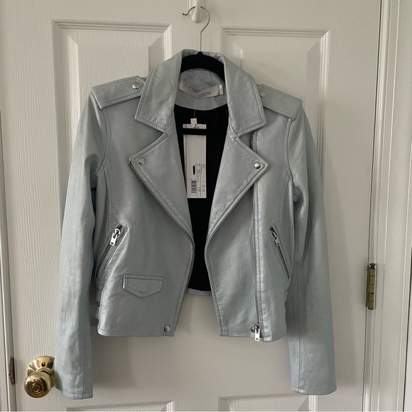 IRO Paris Ashville Leather Jacket Metallic Light Blue Women’s size 38 NEW W TAGS - Picture 2 of 6